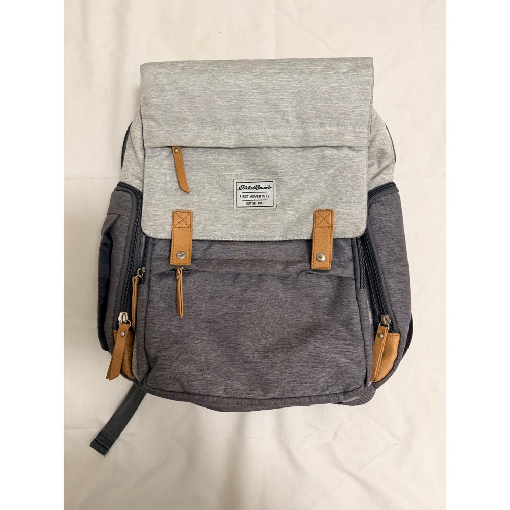 Eddie Bauer First Adventure Diaper Bag Backpack Grey Heather Faux Leather Trim